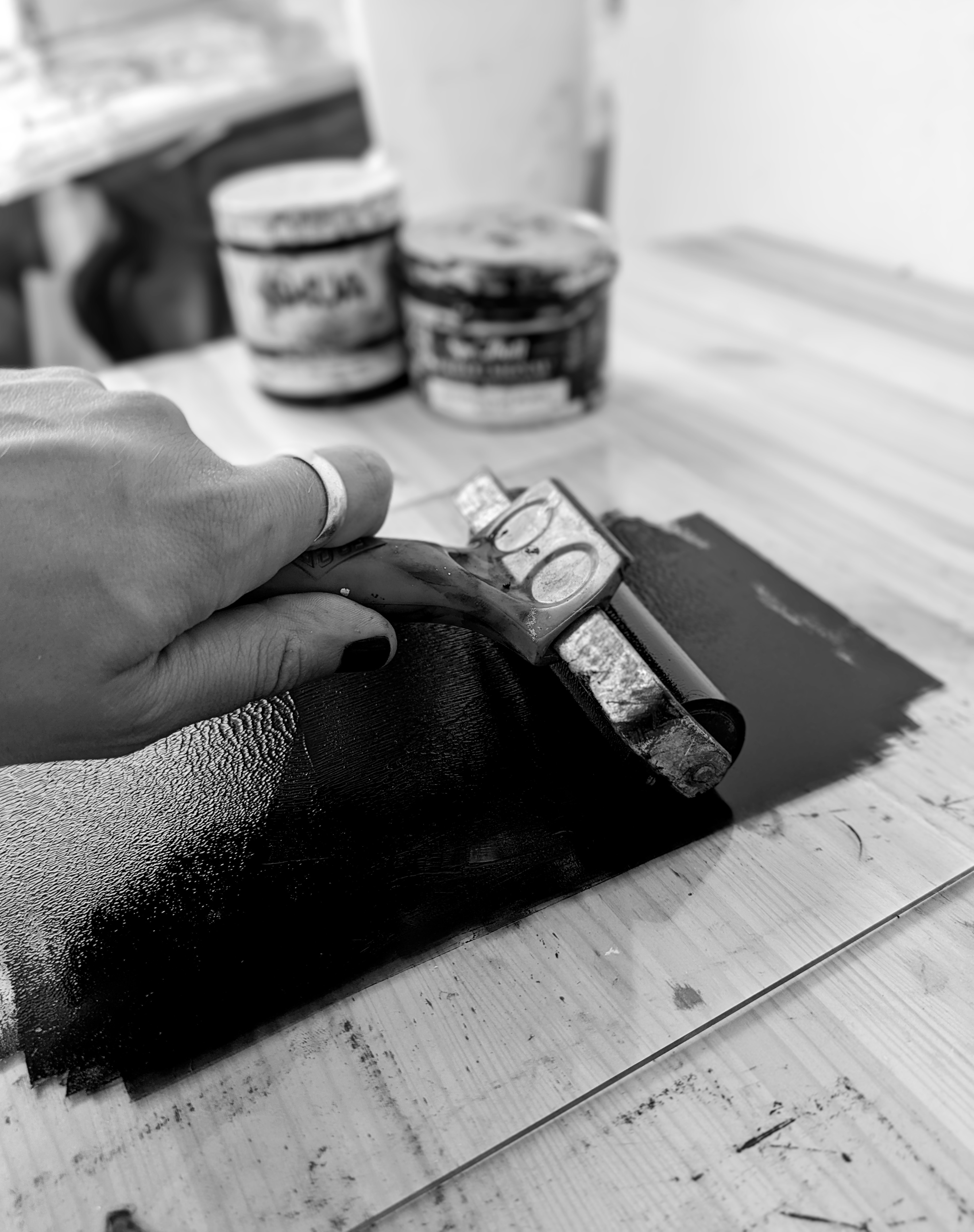 black and white close up of ink roller
